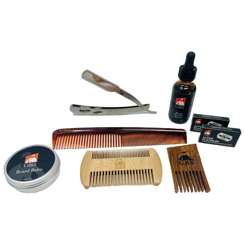 GBS Trimming and Styling Beard Kit for Men 2 Sided Wood Beard Comb Natural Beard Oil Beard Balm Beard Pick Styling Comb and Silver Folding Shavette Shaving Razor with 20 Razor Blades