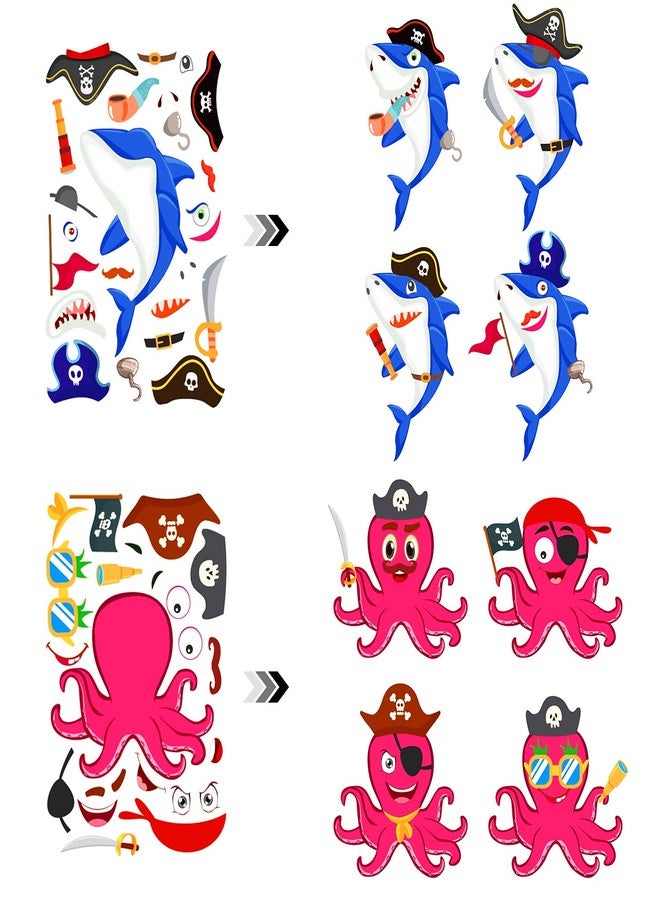 Konsait 24 Sheets Pirate Make Your Own Stickers Decorative for Kids Pirate Theme Sticker Mix and Match Shark Sticker Parrot Jake Captain Birthday Party Favors Crafts Supplies - Image 4