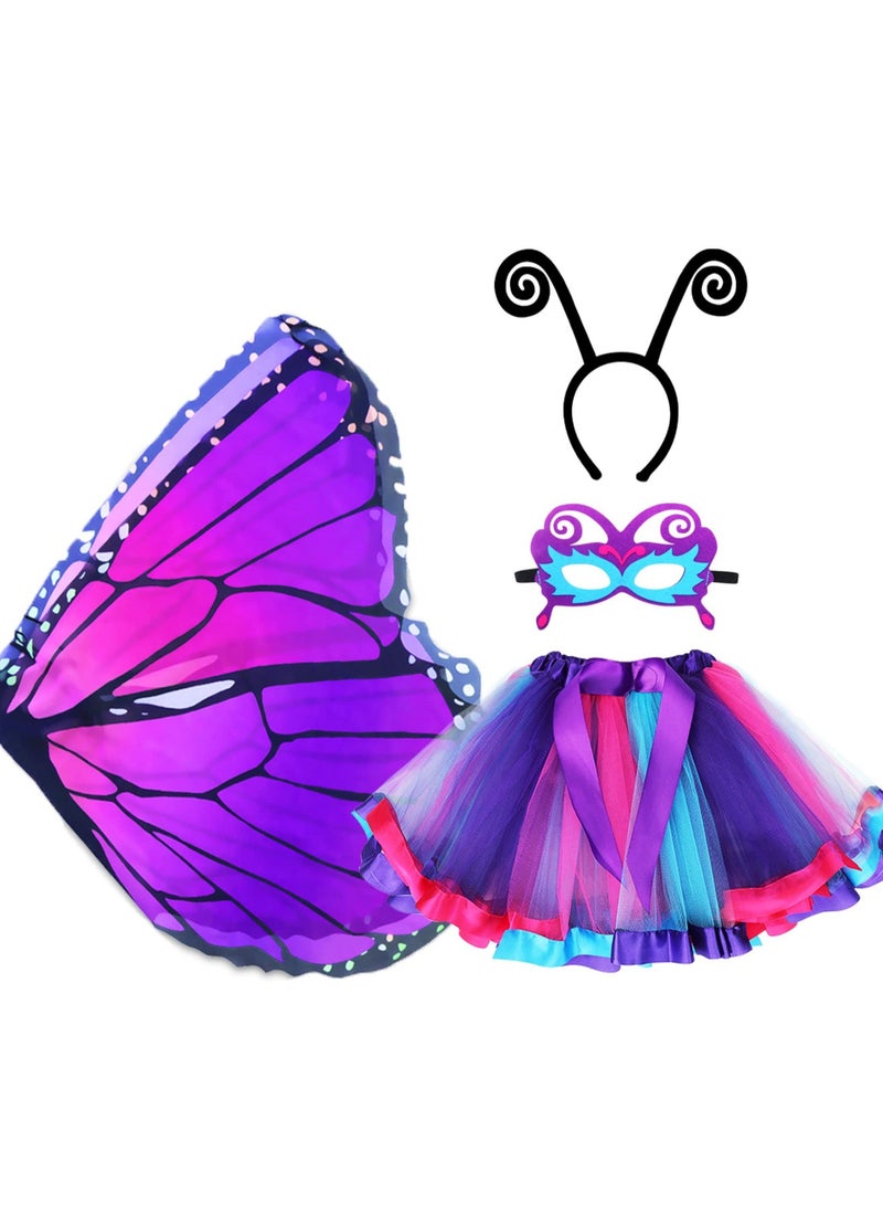 Butterfly Wings for Girls, Butterfly Costume for Party Kids Fairy Wing Dress with Mask and Antenna Headband - Image 1
