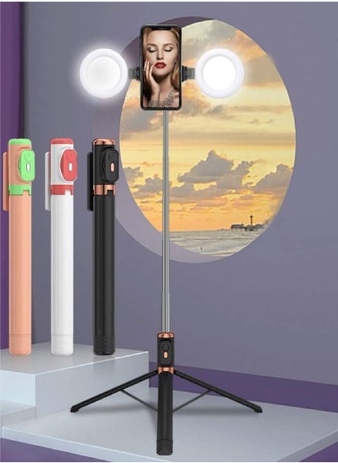 Selfie Stick Tripod Selfie Stick with Wireless Remote, with Dual LED Ring Light and Remote for iPhone Samsung | Portable and foldable mobile phone holder, ideal for travel (orange)
