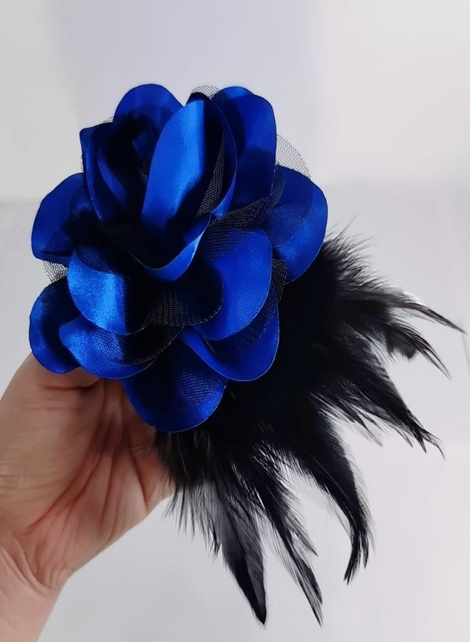 Sanrich 4pack Mexican Flower Hair Clips Large Rose Hairpin Headpieces with Feather Hair Accessories Flower Brooch for Bridal Headpiece,Flamenco Dancer (Blue) - Image 3