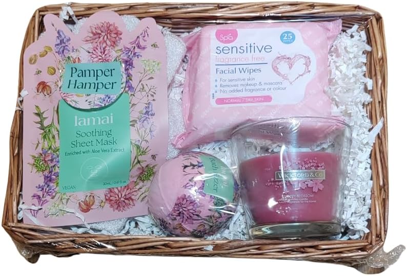 Pamper Hamper Gift Set Soothing Sheet Mask Facial Wipes Bath Bomb and Scented Candle