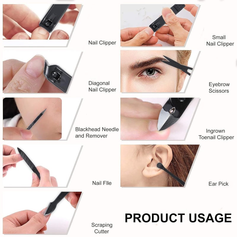MOOZICO MOOZICO 12 IN 1 Stainless Steel Manicure Set Nail Cutter Nail Scissors Grooming Kit with Peeling Knife Nail Cleaning Knife Acne needle Blackhead Tool With Leather Travel Case - Image 3