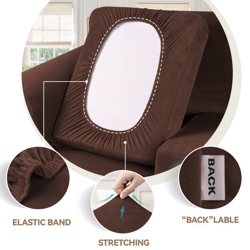 WEERRW 4 Pieces Velvet High Stretch Couch Covers for 3 Cushion Couch Sofa Slipcovers, Washable Furniture Protector with Non Slip Elastic Bottom, Feature Soft and Thick Plush Fabric, Chocolate, Large - Image 3