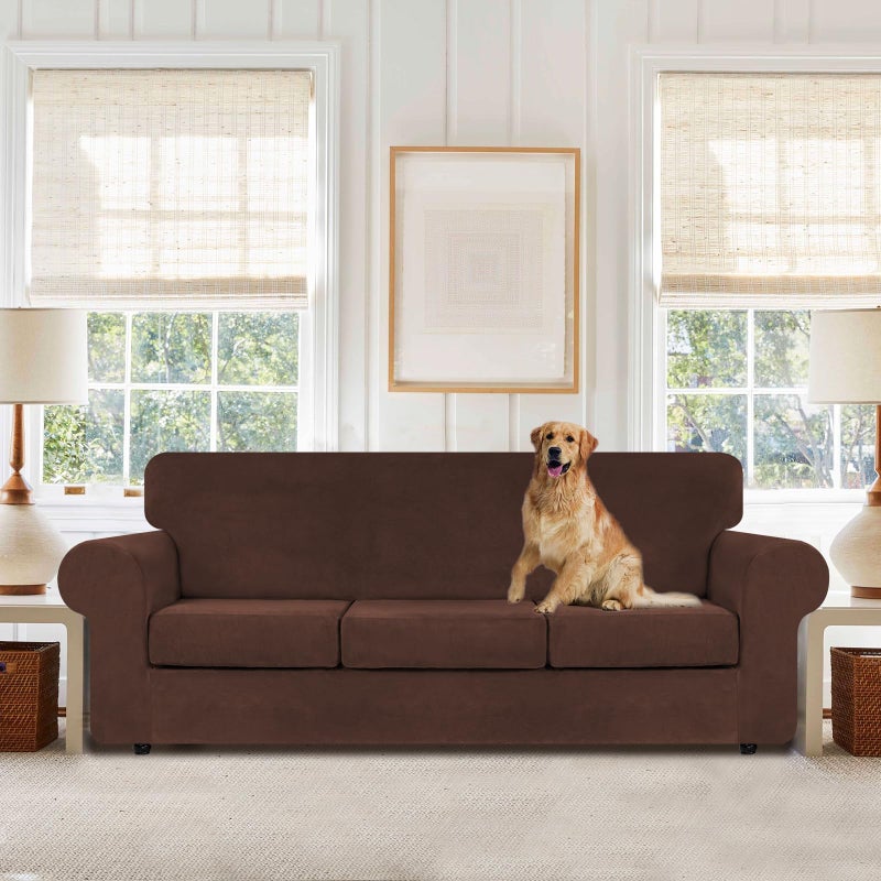 WEERRW 4 Pieces Velvet High Stretch Couch Covers for 3 Cushion Couch Sofa Slipcovers, Washable Furniture Protector with Non Slip Elastic Bottom, Feature Soft and Thick Plush Fabric, Chocolate, Large - Image 2