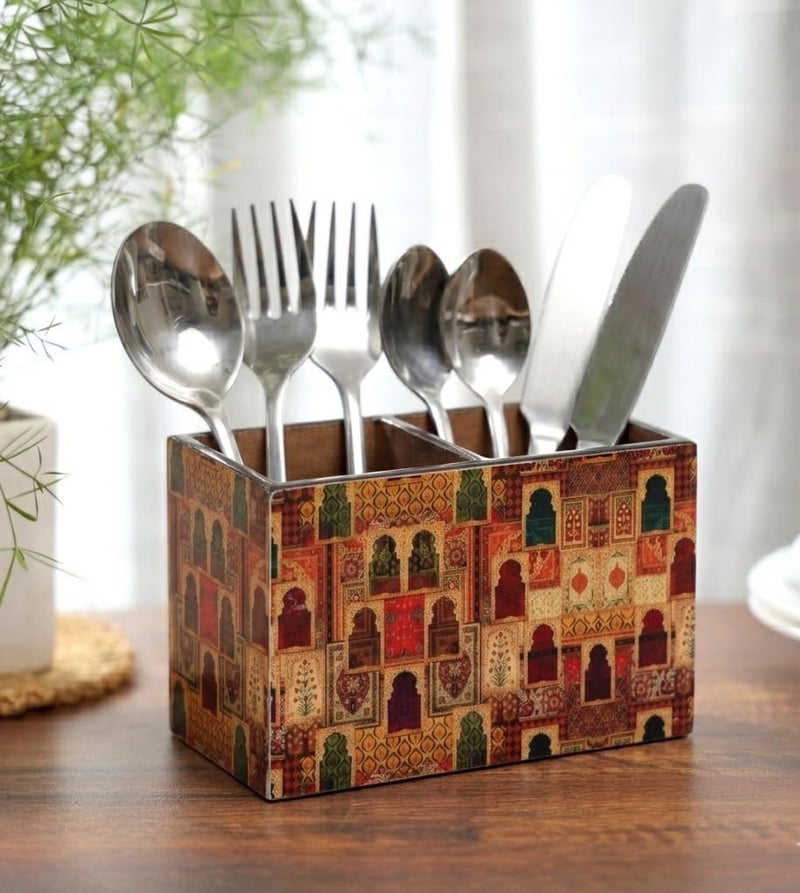 DULI Engineered Wood Multicolorpurpose Stand, Cutlery Holder, Spoon Stand, Table Organizer With 2 Sections, Chammach Stand (10Cm X 15Cm, Jharoka), Utensils - Image 1