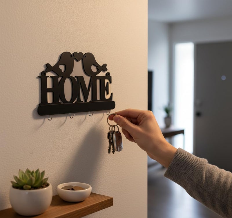 HFR Artech Home Design with Lovebirds Wall Decor MDF Wall Key Hanger with 4 Hooks 25x15cm Magic Hanging Strong Double Face Adhesive No Nails No Crushing 1 Piece Royal Black - Image 5