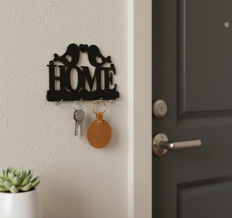 HFR Artech Home Design with Lovebirds Wall Decor MDF Wall Key Hanger with 4 Hooks 25x15cm Magic Hanging Strong Double Face Adhesive No Nails No Crushing 1 Piece Royal Black - Image 1