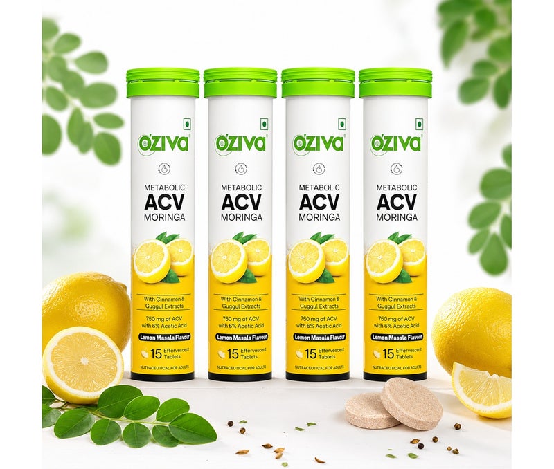 OZiva ACV Moringa | Control Cravings I Apple Cider Vinegar, Cinnamon, Guggul I No Maltodextrin & No Added Sugar I 15 Effervescent Tablets - Lemon Masala, Pack of 4 (60 Tablets) - Image 1