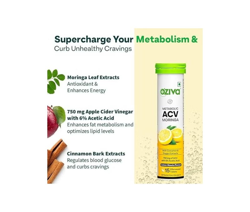 OZiva ACV Moringa | Control Cravings I Apple Cider Vinegar, Cinnamon, Guggul I No Maltodextrin & No Added Sugar I 15 Effervescent Tablets - Lemon Masala, Pack of 4 (60 Tablets) - Image 3