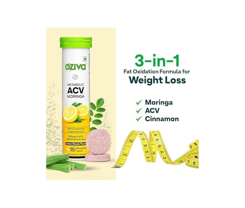 OZiva ACV Moringa | Control Cravings I Apple Cider Vinegar, Cinnamon, Guggul I No Maltodextrin & No Added Sugar I 15 Effervescent Tablets - Lemon Masala, Pack of 4 (60 Tablets) - Image 2