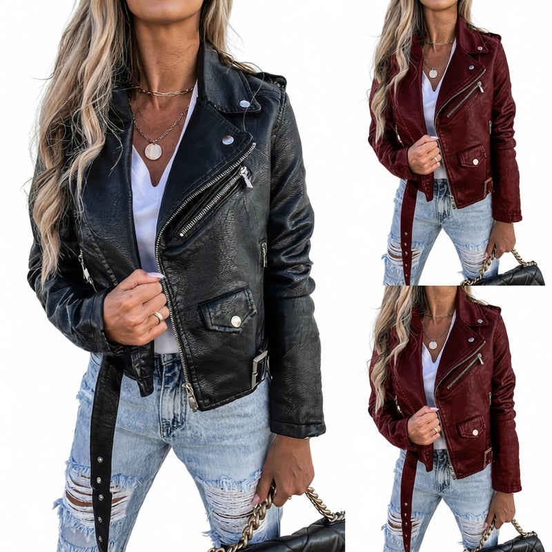 Women's PU Leather Motorcycle Jacket Short Zip Up