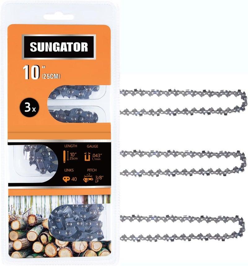 SUNGATOR سلسلة منشار كهربائي 10 بوصة 3 عبوات SG-R40، 3/8" LP Pitch - .043" Gauge - 40 رابط قيادة، متوافقة مع بلاك آند ديكر، ريوبي، إيغو - Image 1