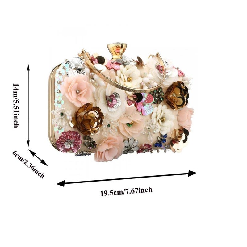 Gets Sequins Floral Handbag Rose Nude Clutch Purses and Handbags for Women Wedding Prom Banquet Party 3D Sequins Evening Handbag (White-1) - Image 4