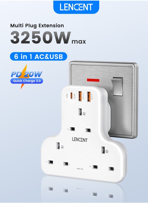 تمديد قابس متعدد من LENCENT ، محول 3 مقابس 3 طرق ، محول مخرج للمكعب الكهربائي 6 في 1 ، PD & QC 3.0 شاحن جداري USB 20 وات ، مقبس موسع للمنزل والمكتب والمطبخ ، 13A 3250W
