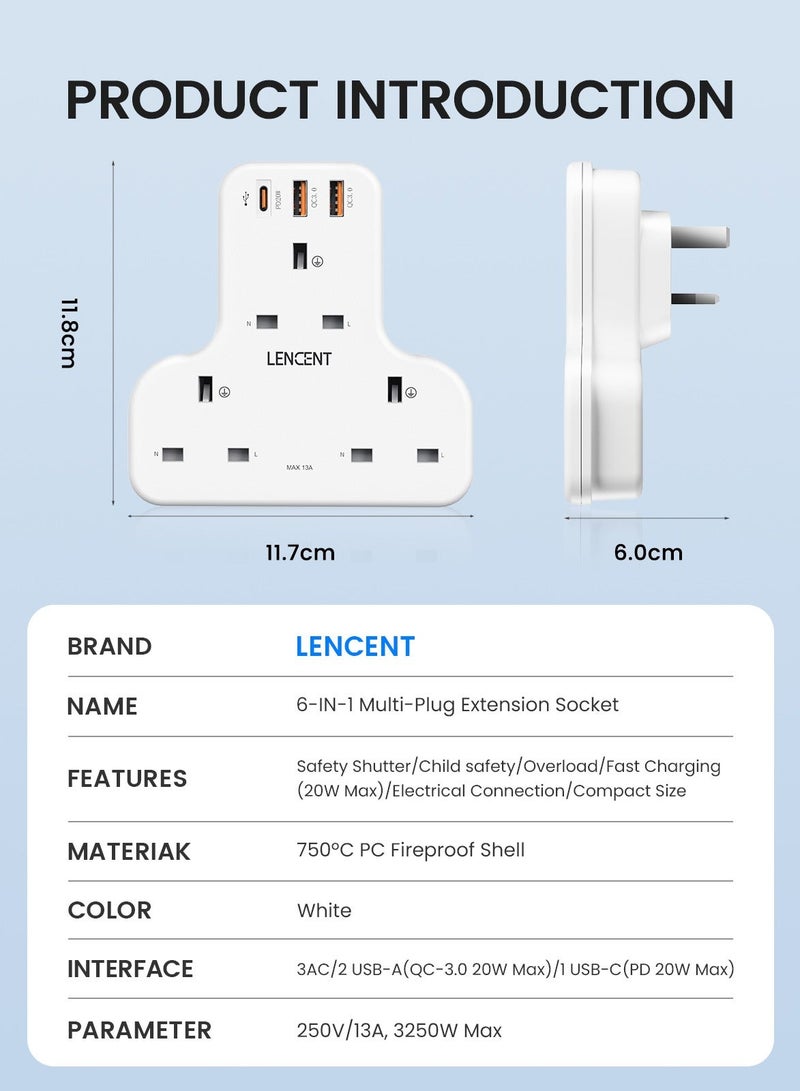 Lencent Multi Plug Extension, 3 Way 3 Plugs Socket adapter, 6-in-1 Cube Electrical Extender Outlet Adaptor, PD&QC 3.0 20W USB Wall Charger, Plug Expander for Home, Office, Kitchen, 13A 3250W - Image 5