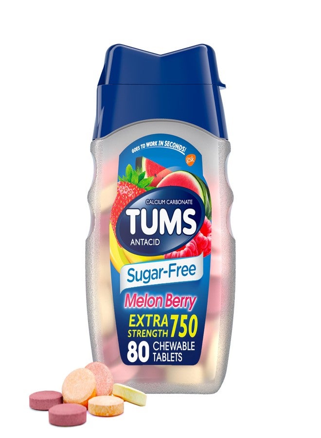 TUMS أقراص تومس المضادة للحموضة القابلة للمضغ خالية من السكر بتركيز إضافي لتخفيف حرقة المعدة، بنكهة البطيخ والتوت - 80 حبة - Image 1