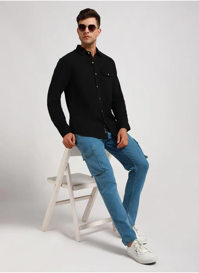 دينيس لينغو Slim Fit Black Shirt for Men - Denim, Washed, Spread Collar, Full Sleeves, Casual Look