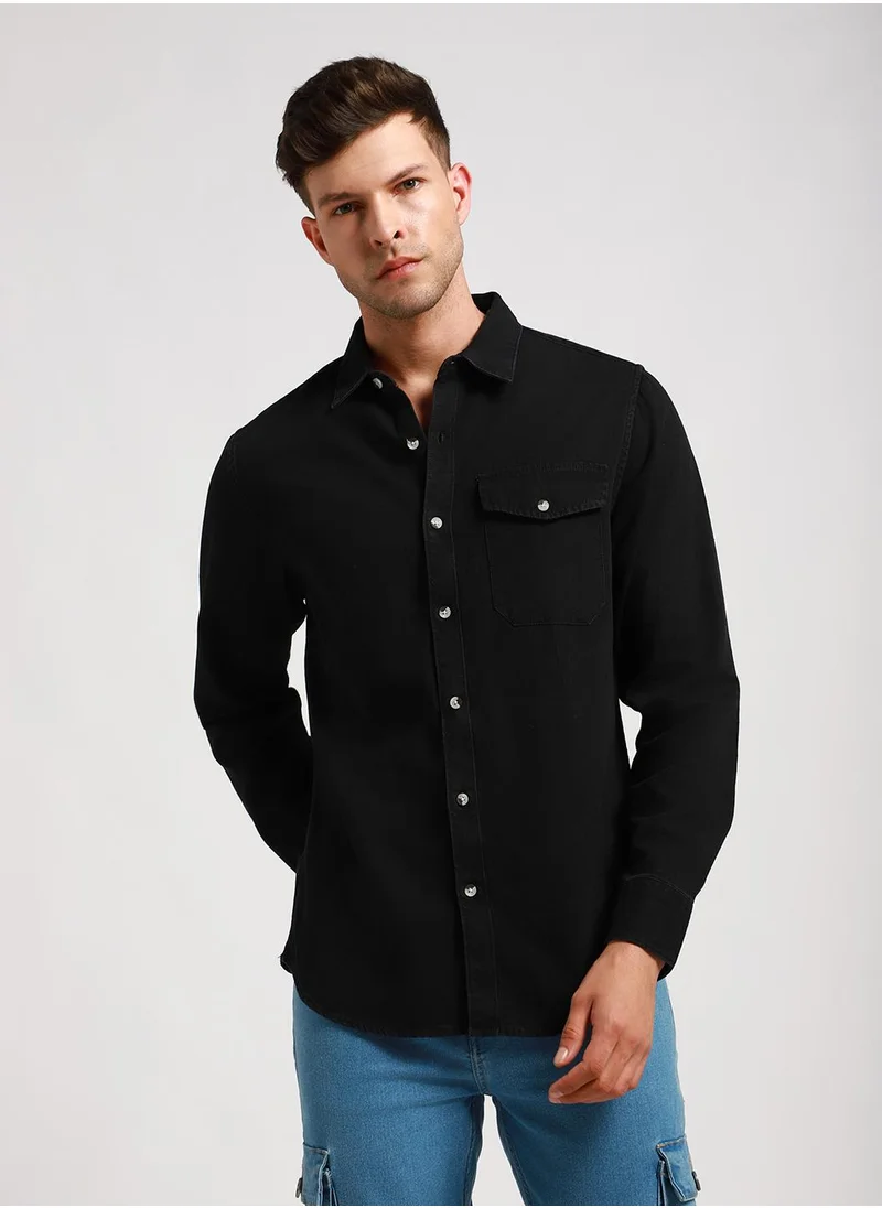 دينيس لينغو Slim Fit Black Shirt for Men - Denim, Washed, Spread Collar, Full Sleeves, Casual Look