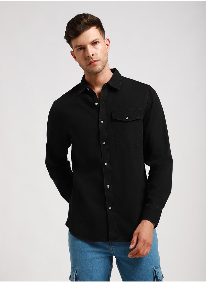 Dennis Lingo Slim Fit Black Shirt for Men - Denim, Washed, Spread Collar, Full Sleeves, Casual Look  - Image 2