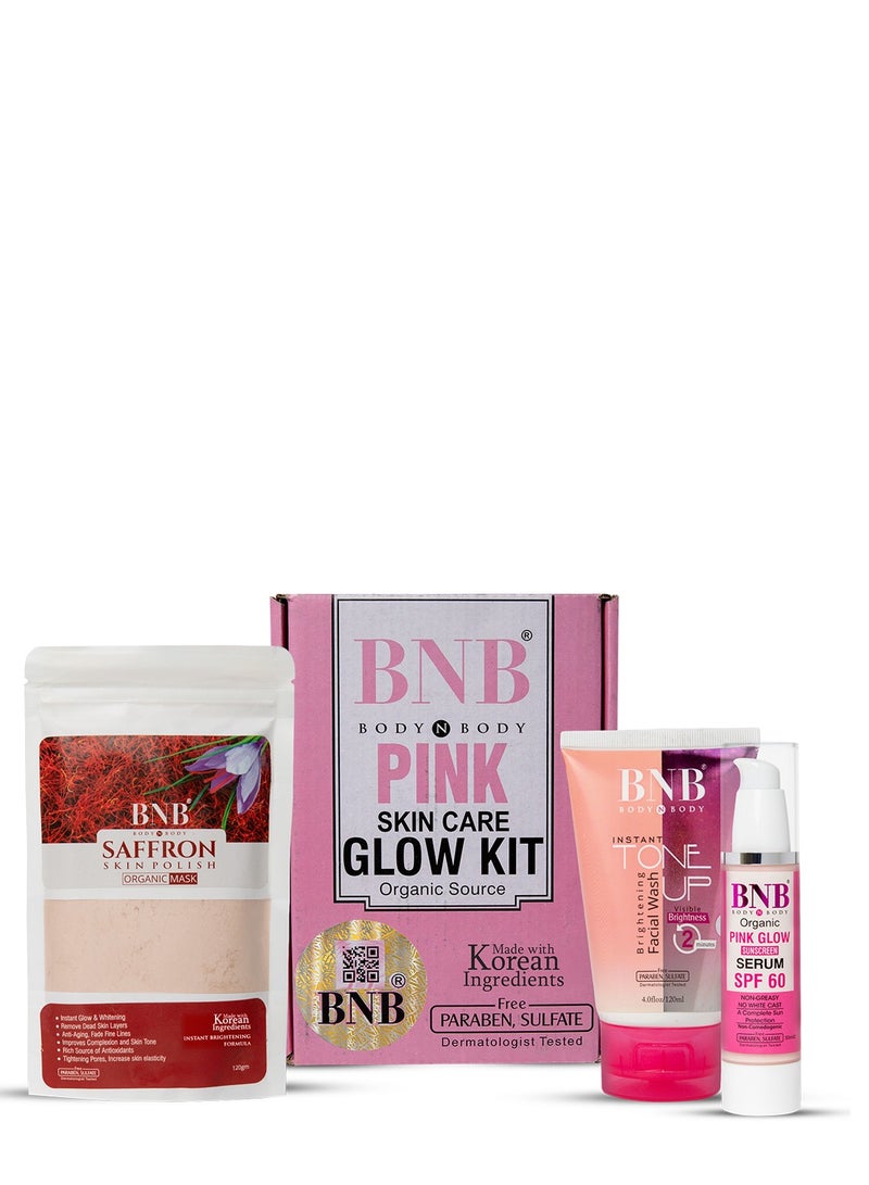 BNB Pink Skincare Glow Kit – 3 Step Brightening & Hydration Set with Tone Up Face Wash, Saffron Face Mask & Pink Glow SPF Sunscreen Serum – Niacinamide, Alpha Arbutin & Vitamin C – For All Skin Types - Image 1