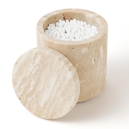 WORHE Travertine Qtip Holder Dispenser with Lid for Cotton SwabsBallsPadsFloss Picks Large Capacity Marble Apothecary Jar for Bathroom Essentials Decor Vanity Makeup Storage Organizer BeigeWH050 - Image 1