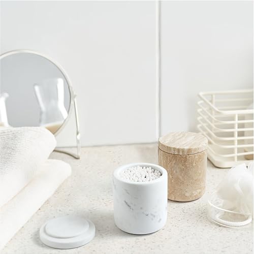 WORHE Travertine Qtip Holder Dispenser with Lid for Cotton SwabsBallsPadsFloss Picks Large Capacity Marble Apothecary Jar for Bathroom Essentials Decor Vanity Makeup Storage Organizer BeigeWH050 - Image 3
