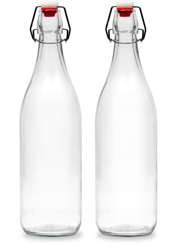 foresta Stylish Transparent Glass Bottle with Swing Top Cap - 1Ltr - Set of 2 - Water Bottle (2)