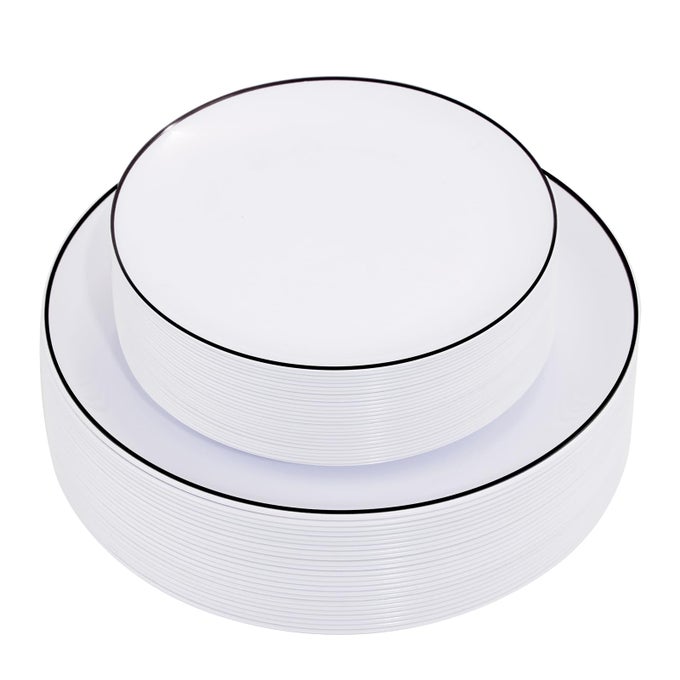 EI 100PCS WHITE AND BLACK DISPOSABLE PLATES FOR PARTYWHITE PLASTIC DINNER PLATES WITH BLACK RIM DISPOSABLEPLASTIC DESSERT PLATE FOR WEDDINGFAMILY GATHERINGPARTYAFTERNOON TEA BUSINESS EVENT