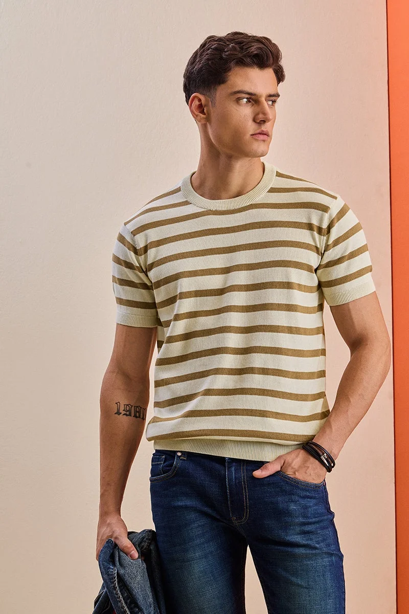 سنيتش Cream Striped Half Sleeve Slim Fit T-Shirt
