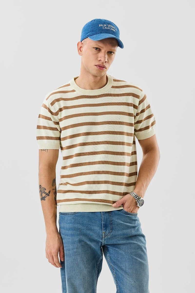 سنيتش Cream Striped Half Sleeve Slim Fit T-Shirt