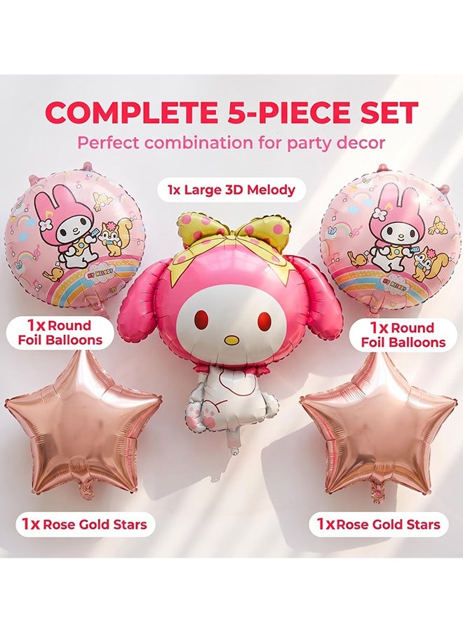 Sanrio 5Pcs My Melody Foil Balloon Set, Cute Pink Cartoon Character Aluminum Film Balloons With Round Star Shaped Balloons, Themed Party Decor for Girls Birthday Baby Shower Room Layout - Image 2