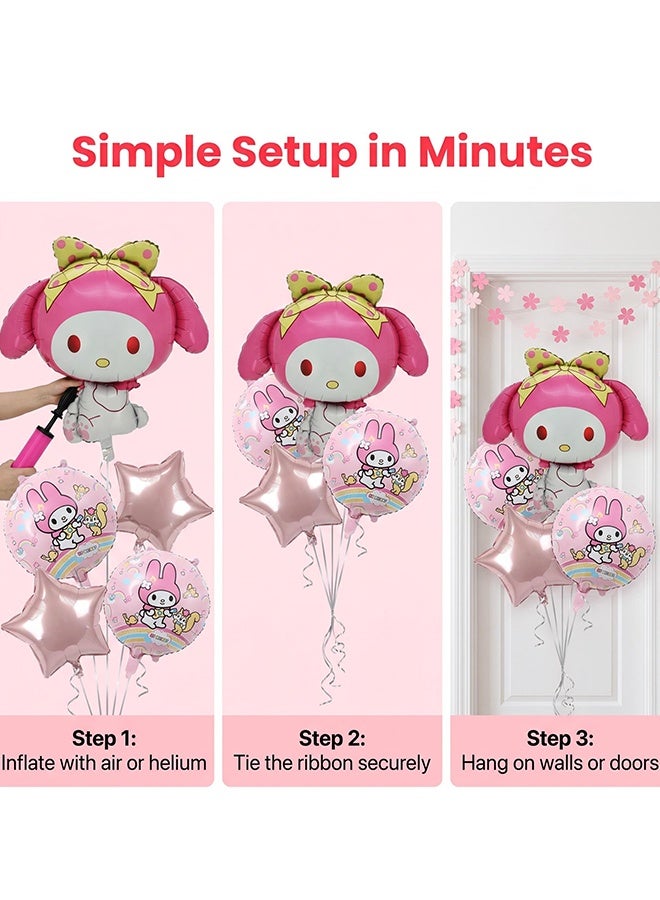 Sanrio 5Pcs My Melody Foil Balloon Set, Cute Pink Cartoon Character Aluminum Film Balloons With Round Star Shaped Balloons, Themed Party Decor for Girls Birthday Baby Shower Room Layout - Image 5