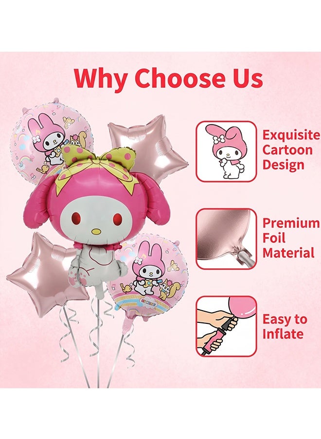 Sanrio 5Pcs My Melody Foil Balloon Set, Cute Pink Cartoon Character Aluminum Film Balloons With Round Star Shaped Balloons, Themed Party Decor for Girls Birthday Baby Shower Room Layout - Image 3