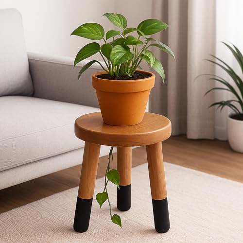 JOLLYMER Rubber Wood 9" Round Plant Stand |Dip Dyed Black Stool, Wood Riser |Milking Stool (10" H) - Image 3