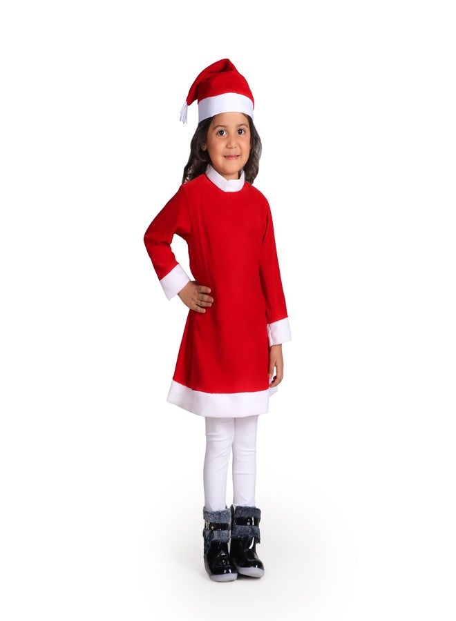 Desi Andaaz Mrs Santa Clause Christmas Dress Costume For Girls,Velvet Santa Frock Chinese Collar with Cap (5-6Y) - Image 1