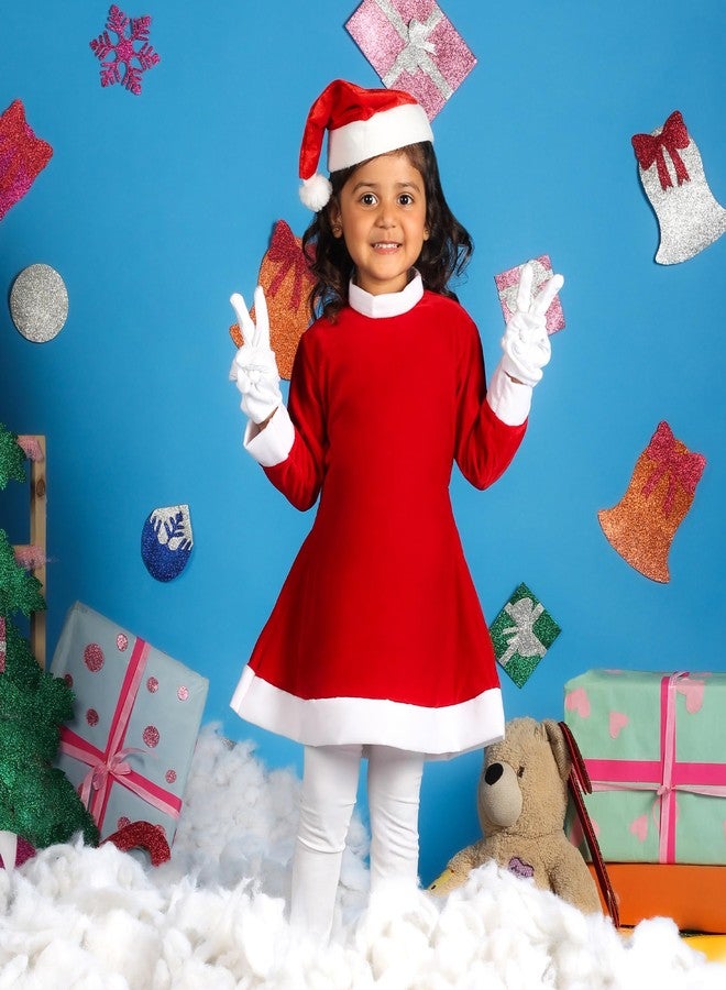 Desi Andaaz Mrs Santa Clause Christmas Dress Costume For Girls,Velvet Santa Frock Chinese Collar with Cap (5-6Y) - Image 2