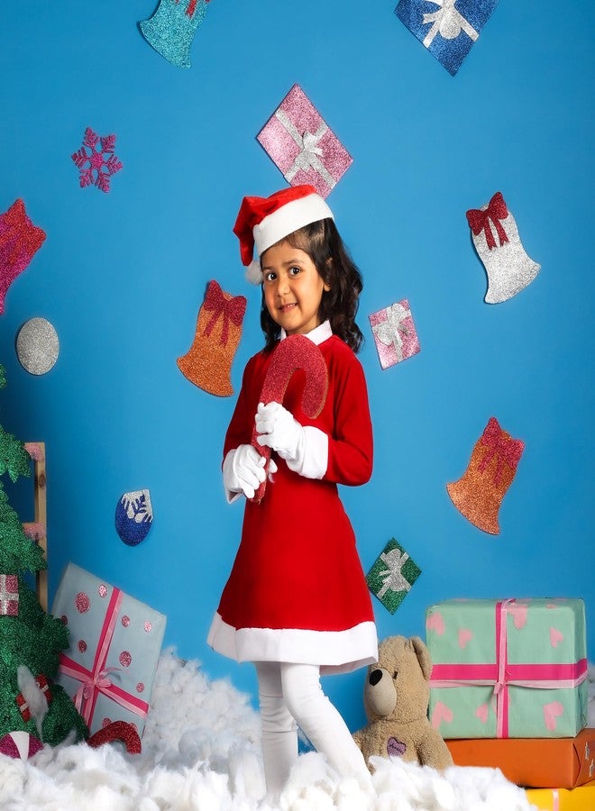 Desi Andaaz Mrs Santa Clause Christmas Dress Costume For Girls,Velvet Santa Frock Chinese Collar with Cap (5-6Y) - Image 3