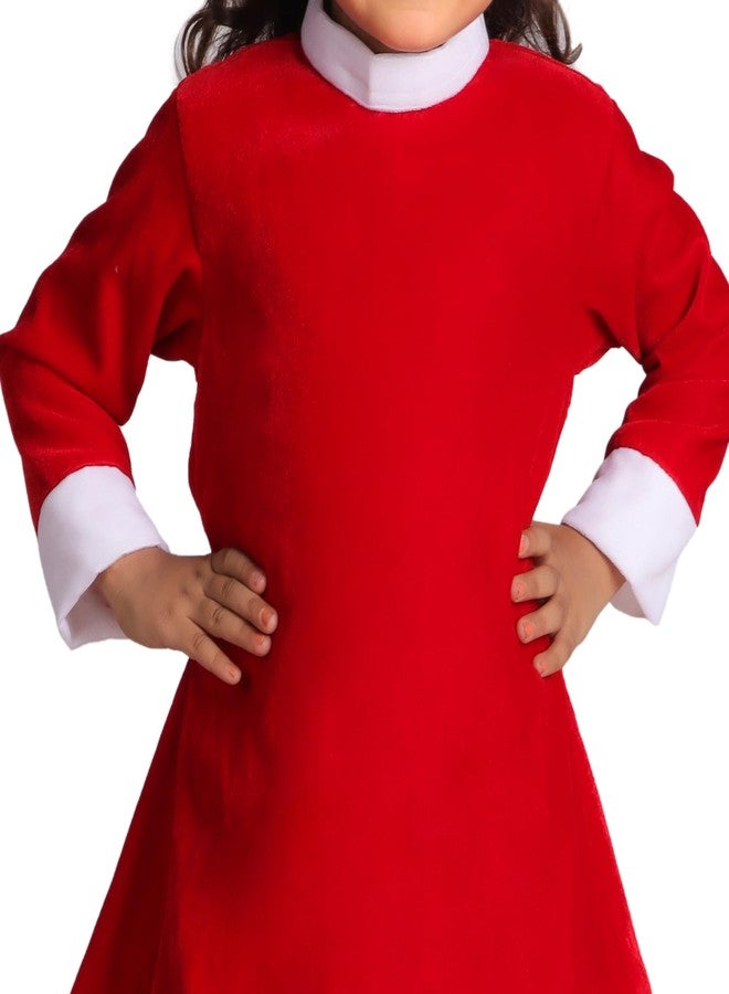 Desi Andaaz Mrs Santa Clause Christmas Dress Costume For Girls,Velvet Santa Frock Chinese Collar with Cap (5-6Y) - Image 5