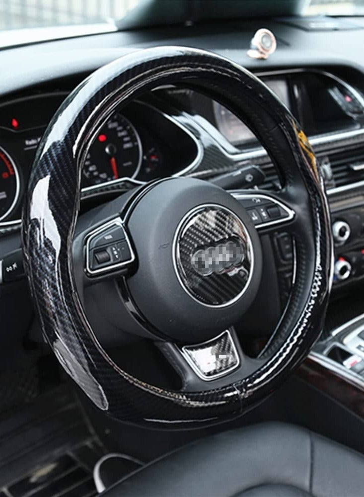 Steering Wheel Covers Carbon Fiber Universal Fit 15 inch for Men Ergonomics Sport Design Anti-Slip Inner Blue Rubber Carbon Fiber Pattern Auto Steering Wheel Covers Accessories for Men Women - Image 2