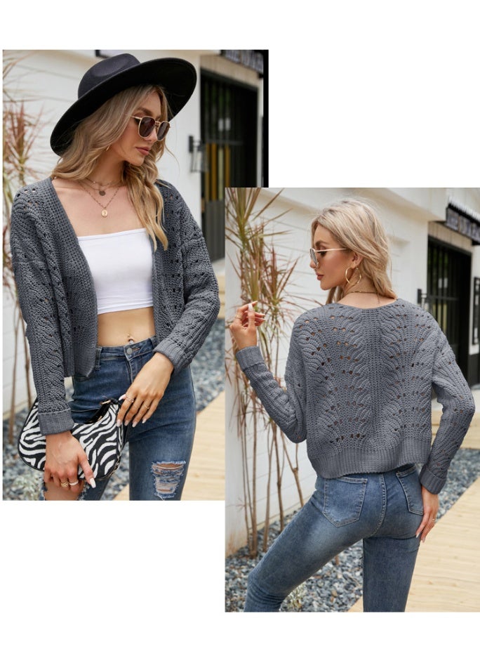 NIBEMINENT Fall and Winter Short Tops Long Sleeve Outer Knitwear Elegant Versatile Hollow Sweater Cardigan - Image 2