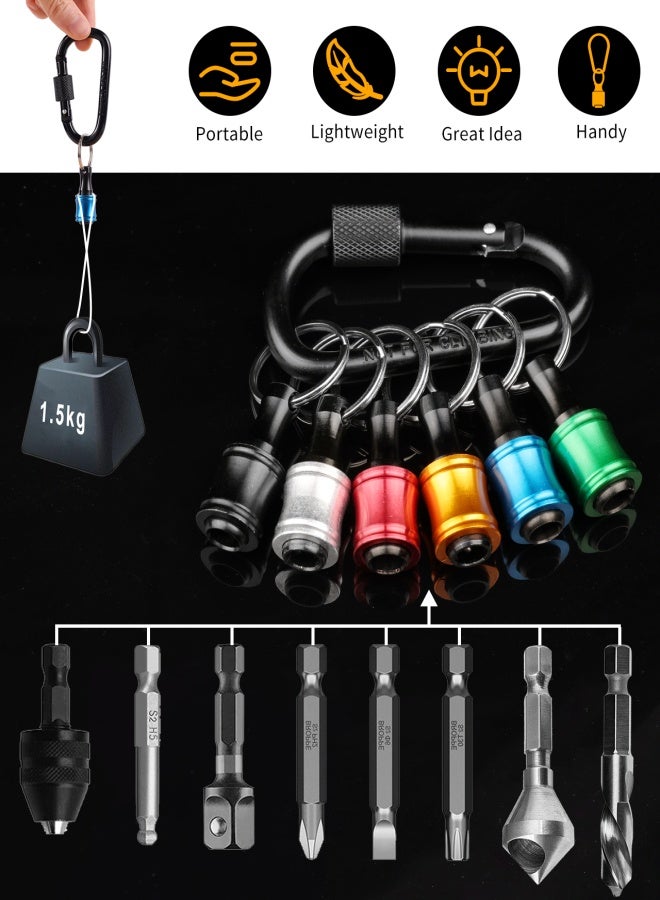 Katerk 1/4inch Hex Shank Aluminum Alloy Screwdriver Bits Holder Extension Bar Drill Screw Adapter Change Keychain Portable（6PC color with black carabiner）+3Pcs 1/4 3/8 1/2" Hex Shank Drill Nut Driver Bit Set - Image 4