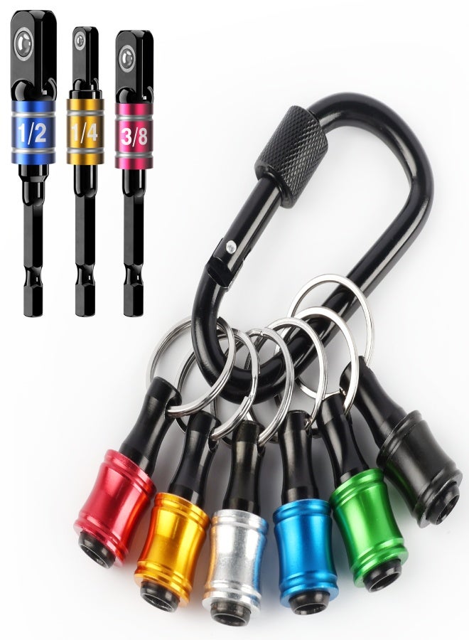Katerk 1/4inch Hex Shank Aluminum Alloy Screwdriver Bits Holder Extension Bar Drill Screw Adapter Change Keychain Portable（6PC color with black carabiner）+3Pcs 1/4 3/8 1/2" Hex Shank Drill Nut Driver Bit Set - Image 1