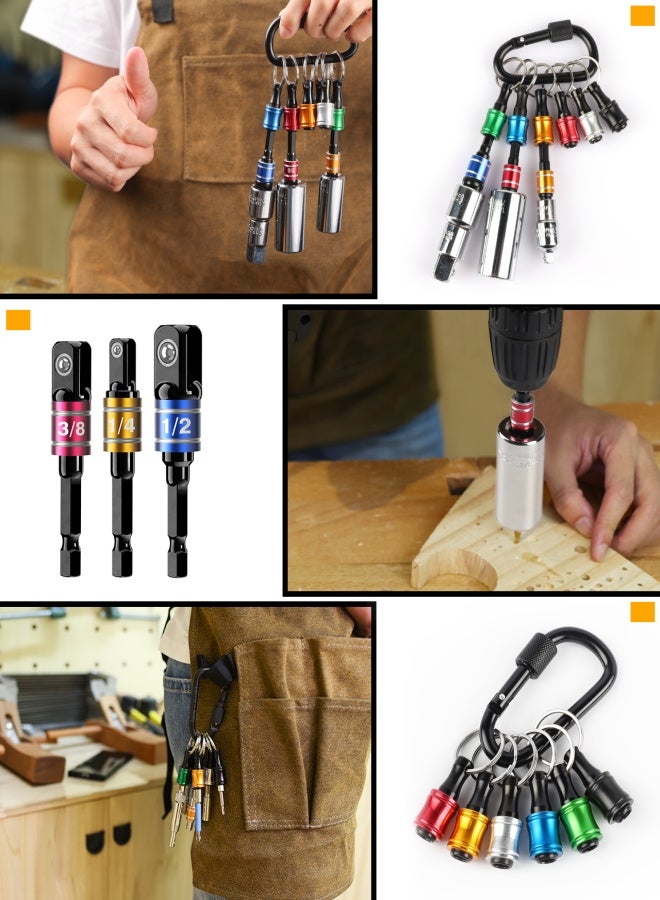 Katerk 1/4inch Hex Shank Aluminum Alloy Screwdriver Bits Holder Extension Bar Drill Screw Adapter Change Keychain Portable（6PC color with black carabiner）+3Pcs 1/4 3/8 1/2" Hex Shank Drill Nut Driver Bit Set - Image 2