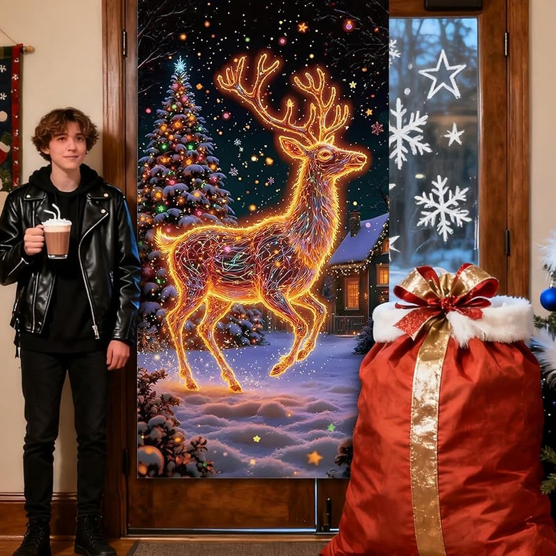 غطاء باب عيد الميلاد الأمامي ستايل أ 70 × 35 بوصة خلفية فلورسنت للحفلات للشرفة الداخلية والخارجية - Image 4