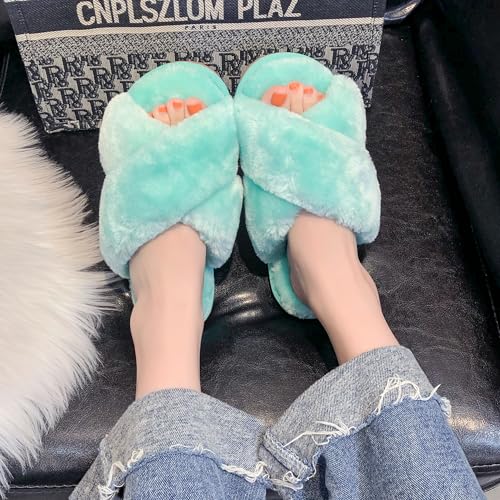 Crazy Lady Women's Fuzzy Fluffy House Slippers Cute Plush Memory Foam Shoes Cross Band Indoor Outdoor Open Toe Sandals(06/Mint, 7-8) - Image 2