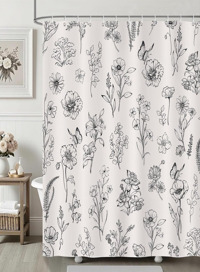 Bonhause Farmhouse Floral Shower Curtain, Beige Flower Plant Butterfly Spring Rustic Bathroom Decor 72x72 Inch Polyester Fabric Waterproof Bath Curtain with 12 Hooks - Image 2