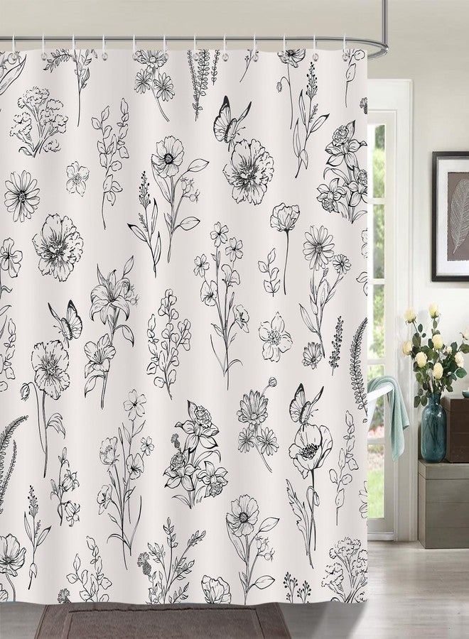 Bonhause Farmhouse Floral Shower Curtain, Beige Flower Plant Butterfly Spring Rustic Bathroom Decor 72x72 Inch Polyester Fabric Waterproof Bath Curtain with 12 Hooks - Image 1