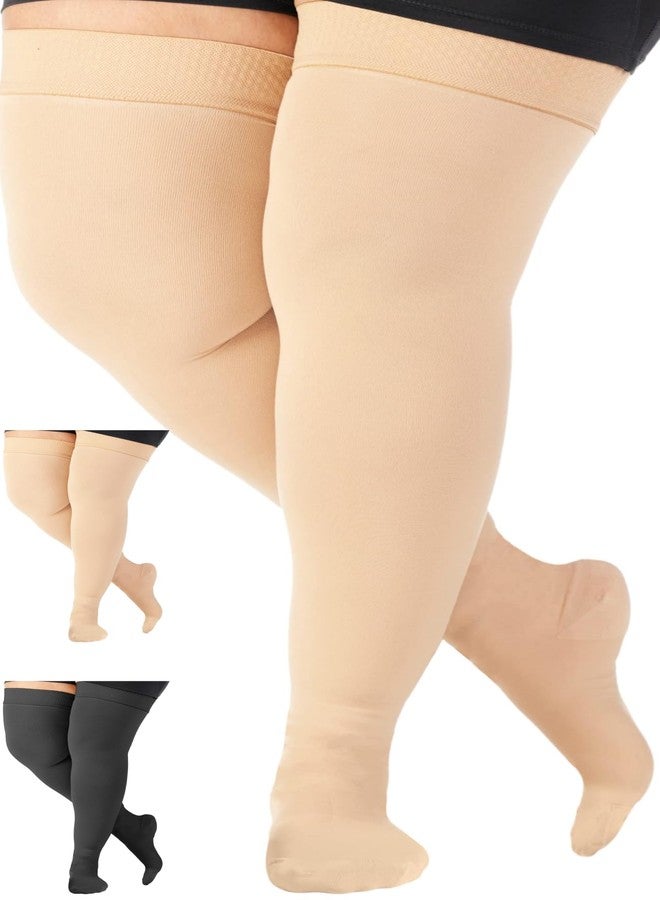 جوارب ضغط طبية بمقاسات كبيرة من أبسولوت سبورت للنساء والرجال، ضغط 20-30 ملم زئبق - جوارب ضغط واسعة تصل إلى أعلى الفخذ، مناسبة للحوامل، وعلاج الجلطات، والعلاج بالتصليب - بيج، مقاس 5XL - Image 1