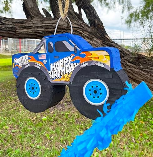 Jergrim Monster Truck Piata Small 4 Piece Set perfect for Kids Birthday Parties Race Car Party Supplies fits piata candy and party favors 16X10 Durable Blue Monster Truck - Image 5